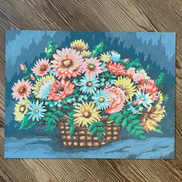 2 VTG Paint by Numbers Flower Baskets Floral Cottage 70s Boho Unframed Set - Picture 6 of 11